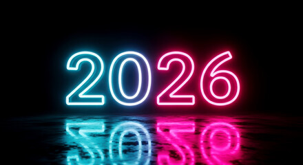 Neon 2026 sign with reflections on a dark surface