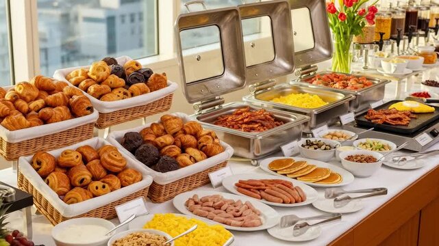 Bountiful breakfast buffet with assorted pastries, fruits, and hot dishes. capturing the elegance of culinary abundance in a morning spread.