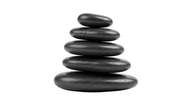 Stack of five smooth, dark basalt stones for hot stone massage isolated on transparent background