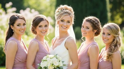 Bridesmaids celebrate with joyful smiles and bouquets in a sunlit garden scene. experience the warmth of friendship and togetherness.