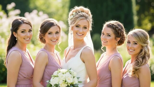 Bridesmaids celebrate with joyful smiles and bouquets in a sunlit garden scene. experience the warmth of friendship and togetherness.