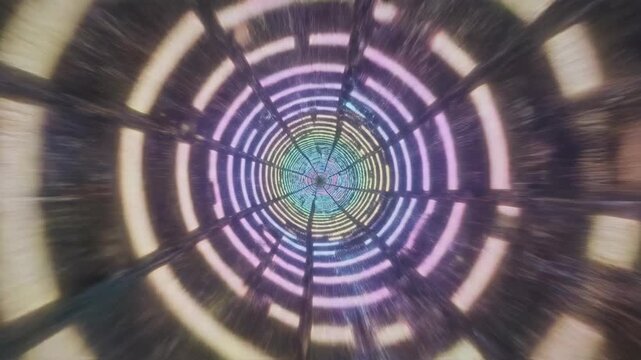Flying quickly through an endless tunnel constructed of repeating neon light bars creating a fast-paced infinite abstract perspective fast, seamless, power