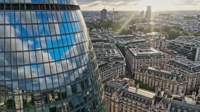 Aerial view of the distinctive curved glass facade of the cheesegrater building reflecting blue sky and white cloud in london city center
