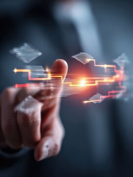 change management concept an executives hand touches a holographic interface showing a process transitioning from an old to a new optimized state