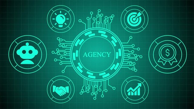Digital agency concept with central word agency surrounded by glowing circuit board icons representing idea, target, finance, growth, handshake, and robot technology