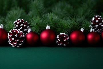 Naklejka premium Holiday Cheer: Embellished with festive red ornaments and textured pine cones, nestled amongst vibrant evergreen branches.