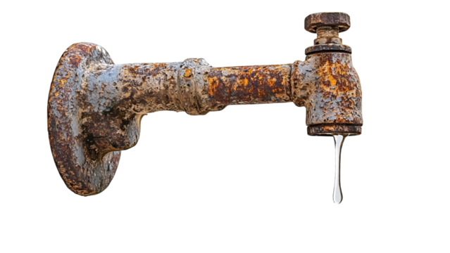 PNG of Rusty metal faucet with a slow drip of water, showcasing weathered textures and an industrial feel.