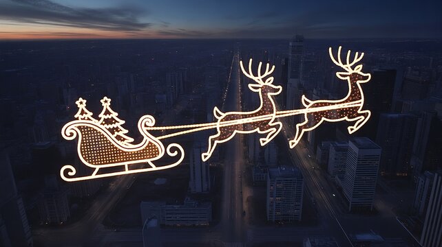 Night Aerial of Dark City with Glowing 10km Christmas Sleigh and Reindeer Light Outline, Minimalist Holiday Illumination Scene