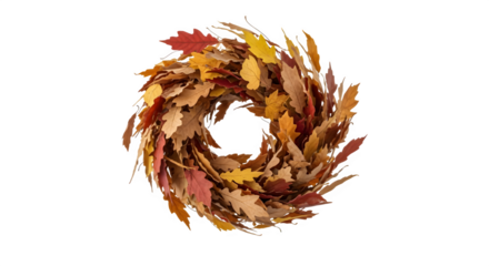 Autumn leaf wreath made of colorful fall foliage isolated on transparent background
