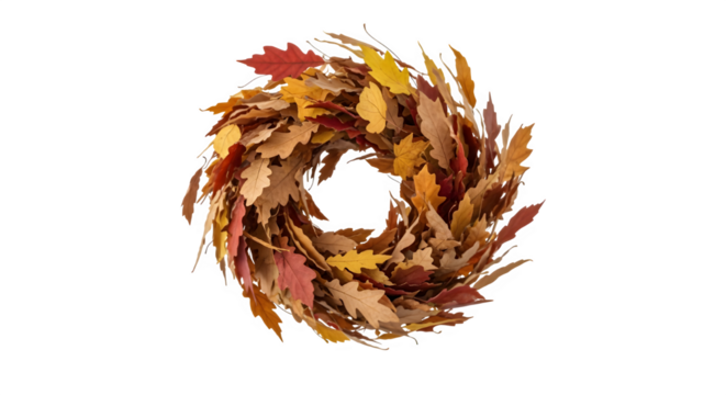 Autumn leaf wreath made of colorful fall foliage isolated on transparent background