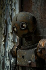 Close up of a worn and rusted mechanical figure with illuminated eyes against a distressed background