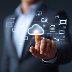 businessman interacting with holographic cloud storage and document security icons concept of data protection cloud computing and digital file management
