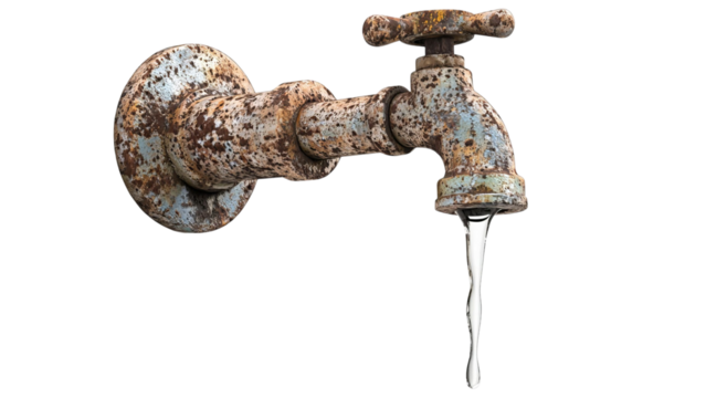 PNG of Rusty faucet with water dripping, showcasing age and weathered texture.