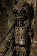 Heavily rusted, antiquated automaton exhibits large, dark eyes in dim setting