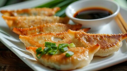 Close up of fried dumplings on a white plate with soy sauce and green onions as a garnish served fresh