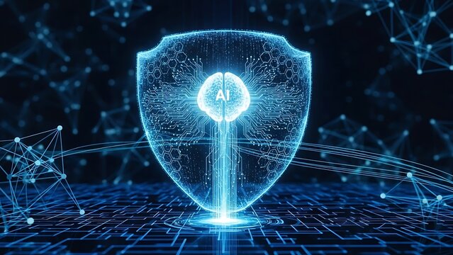 Digital shield with glowing brain icon for cybersecurity