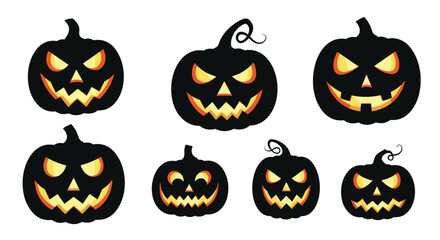 Collection of seven spooky carved jack o'lanterns with glowing eyes and mouths on a white background.