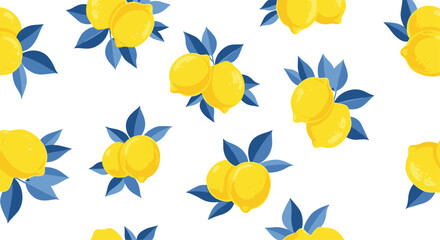 A seamless pattern of bright yellow lemons with blue leaves on a white background.