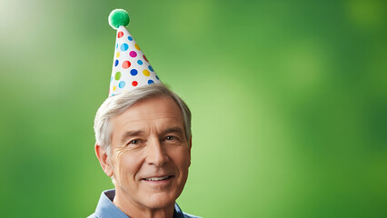 Grey-haired man in party hat with friendly smile against green background