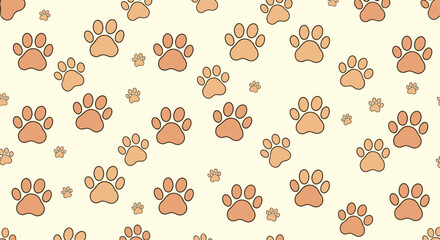 A seamless pattern of cute, light brown paw prints scattered across a pale yellow background.