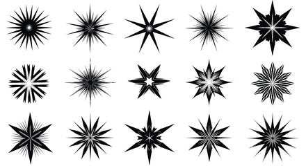 Collection of 15 unique black starburst or star shapes on a white background.