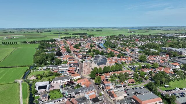 Aerial video from the historical town Workum in Friesland the Netherlands