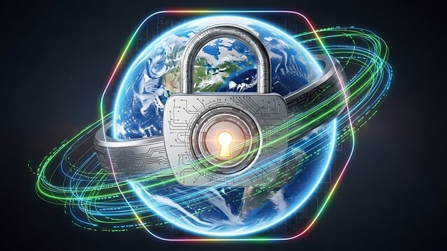 Digital earth security concept with glowing padlock and data - Powered by Adobe