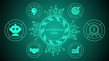 Digital illustration of a consulting firm concept with interconnected icons representing idea, target, finance, growth, handshake, and chatbot technology on a dark teal circuit board background