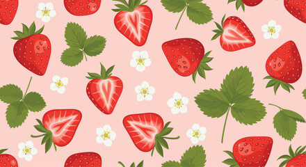 Seamless pattern with illustrations of red strawberries, green leaves, and white flowers on a pink background.