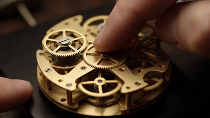 Watchmaker adjusting intricate mechanical clock mechanism gears close up