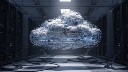 Abstract Cloud Made of Wires and Clouds in a Server Room cloud computing data center