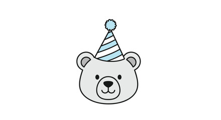 Cute gray bear wearing a light blue and white striped party hat with a pom pom on top.