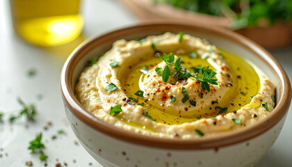 Creamy legume dip with chopped herbs and drizzle of olive oil. Tasty food. Delicious dish. Cooking