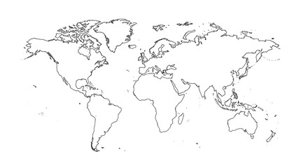 Outline map of the world showing continents and oceans in black and white.