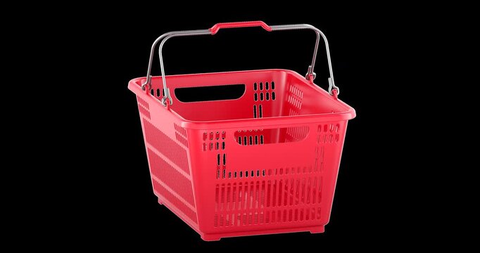 Red shopping basket rotation animation seamlessly loopable. 3D rendering isolated on transparent background