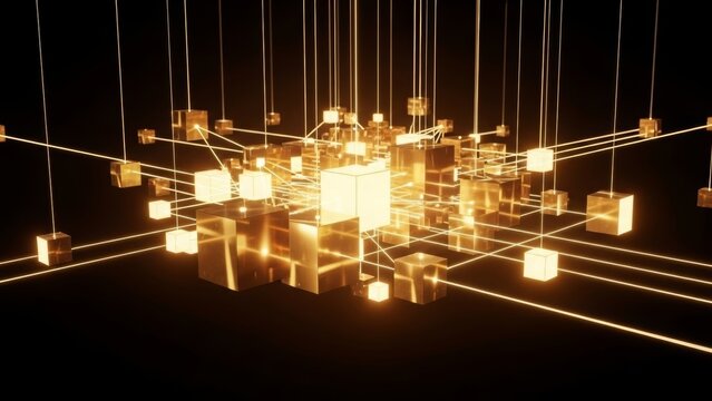Abstract Golden Cubes Connected by Glowing Lines on Black Background network