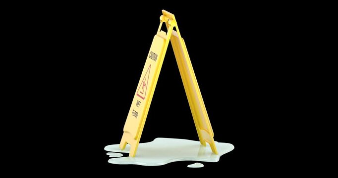 Yellow CAUTION WET FLOOR sign with puddle rotation animation seamlessly loopable. 3D rendering isolated on transparent background