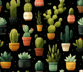 Elegant, chic, vintage seamless repeatable pattern featuring cactus and succulent on a black background 