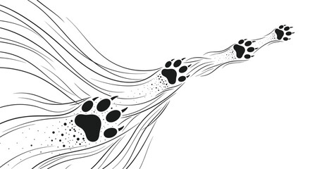 Abstract black and white illustration of animal paw prints moving through flowing lines.