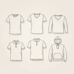 Assortment of Basic Clothing Items in Line Art Style.