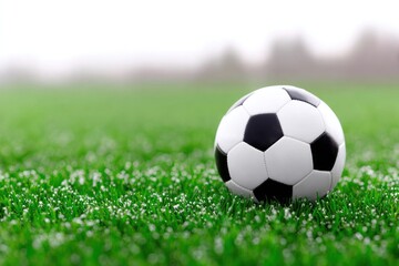 Fototapeta premium Soccer ball on grass: A classic soccer ball rests on a bed of vibrant green grass, its iconic black and white panels contrasting beautifully against the verdant field, ready for the game to begin.