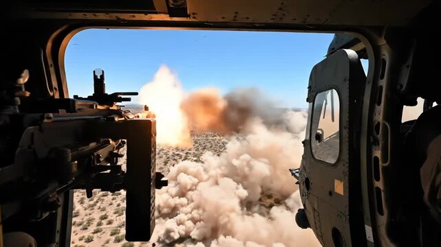 View from inside a military helicopter showing a mounted machine gun firing over a dusty, arid landscape under a clear blue sky during an exercise