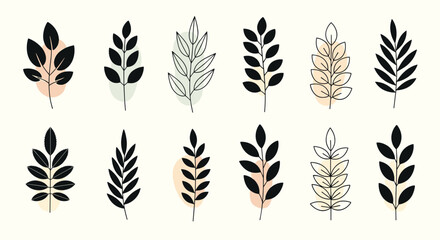 Set of minimalist branch illustrations with abstract color accents on a cream background.