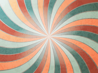 Abstract retro background with curved radial rays converging to a bright center in soft pastel orange, green and cream tones.