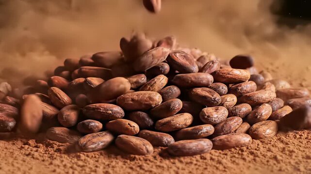 Nuts cascade from above, forming neat piles and scattered on the ground, as cinnamon stick adds warmth, amidst whimsical and playful scene capturing concept of indulgence and simple pleasures in.