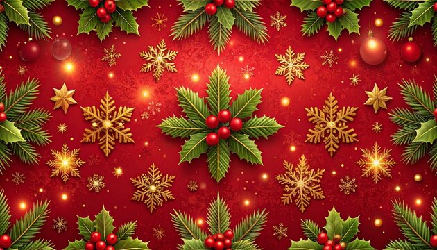 A festive, vibrant red background featuring golden snowflake and bauble ornaments, framed by traditional green holly and pine branches with red berries and sparkling lights.