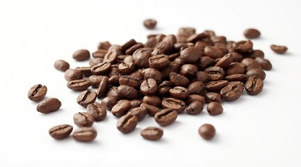 Fototapeta premium Scattered roasted coffee beans on a white background. Macro photography, isolated object, place for text. The concept of fresh coffee and an invigorating morning.