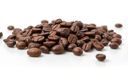 Scattered roasted coffee beans on a white background. Macro photography, isolated object, place for text. The concept of fresh coffee and an invigorating morning.