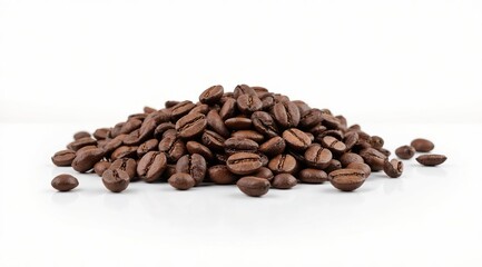 Naklejka premium Scattered roasted coffee beans on a white background. Macro photography, isolated object, place for text. The concept of fresh coffee and an invigorating morning.