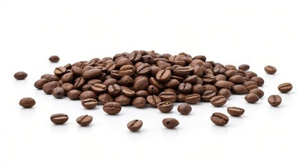 Obraz premium Scattered roasted coffee beans on a white background. Macro photography, isolated object, place for text. The concept of fresh coffee and an invigorating morning.